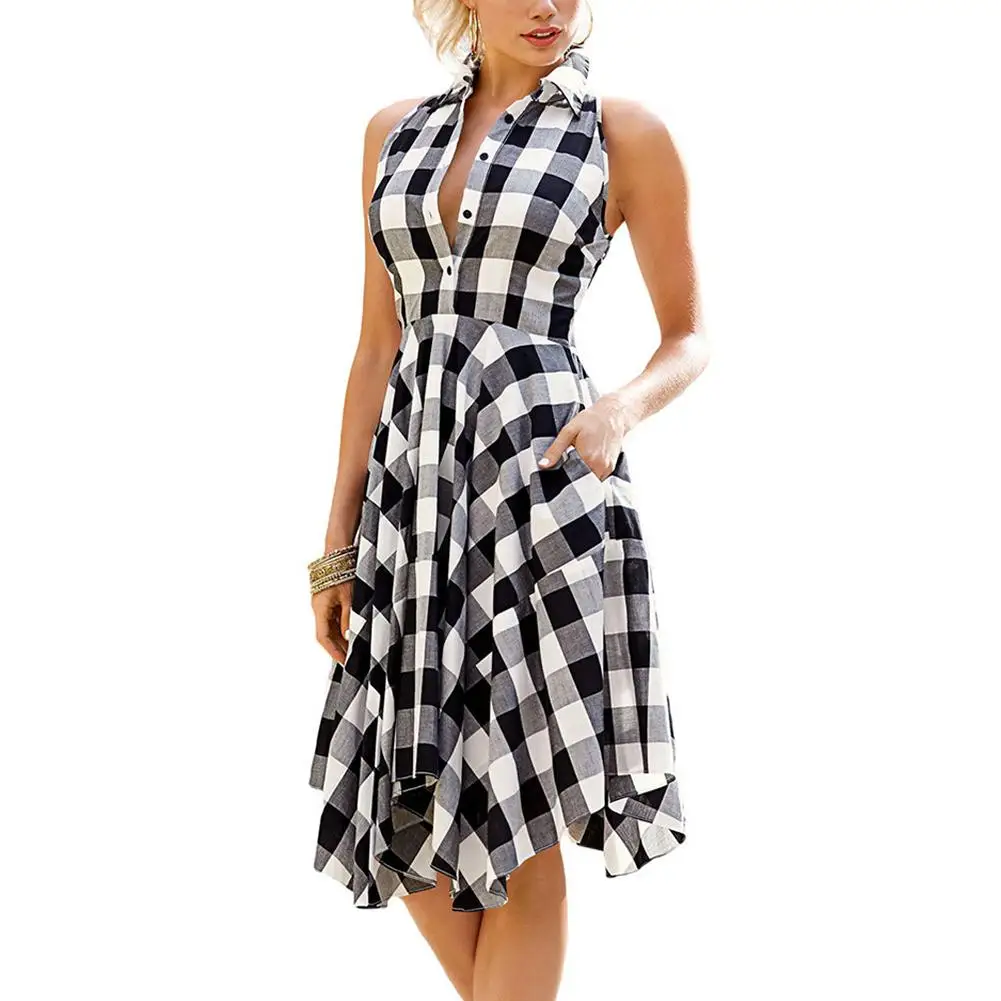 

Yfashion Plaid Shirt Dress Women Single Breasted Pocket Irregular Casual Pleated Dresses Female Women Dress Vestidos
