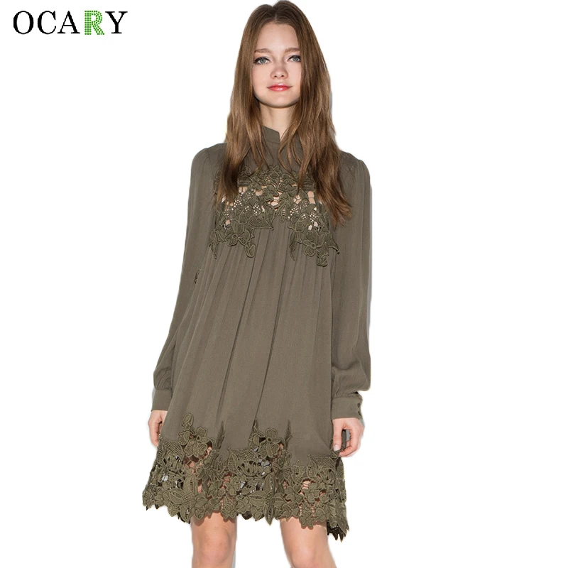 Vintage Ladies Lace Patchwork Winter Spring Dress Fashion 2016 Women Party Dress Casual Loose Shirt Dress