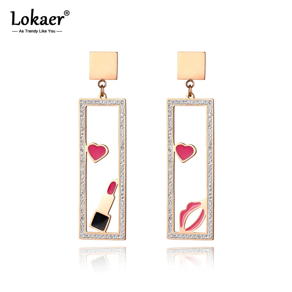 Lokaer макияж Элементы Ювелирные изделия розовые губы и губная помада с Стразы чехол розовое золото цвет серьги из нержавеющей стали E18452