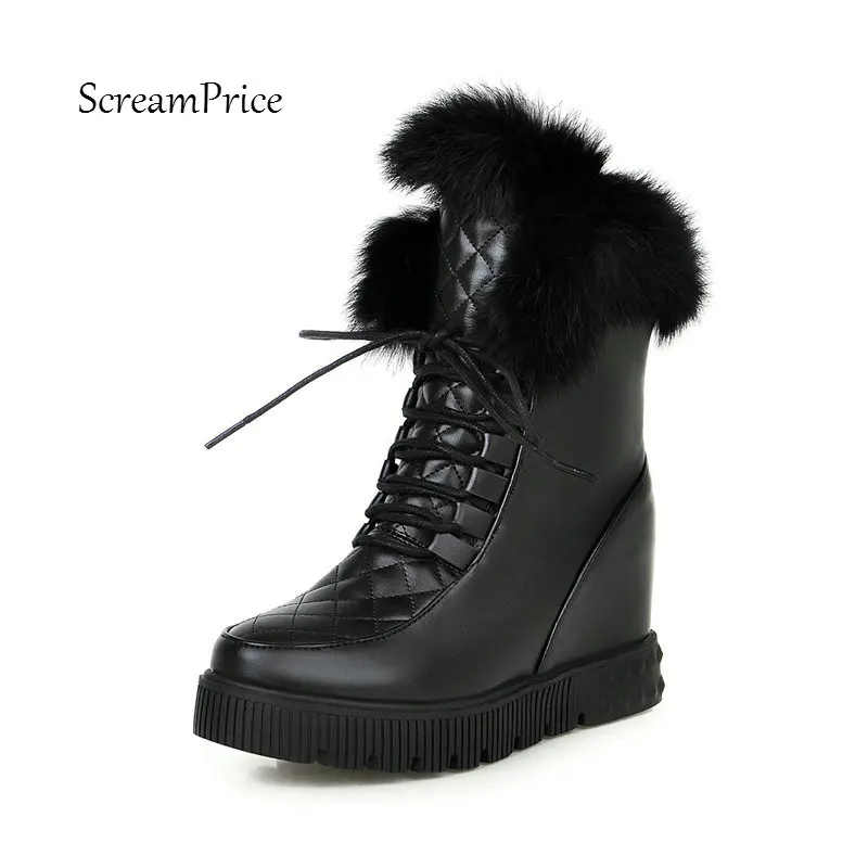 

Fashion Warm Faux Fur Lace Up Ankle Boots Platform Women Comfy Inside Wedge High Heel Snow Boots Large Size Black White