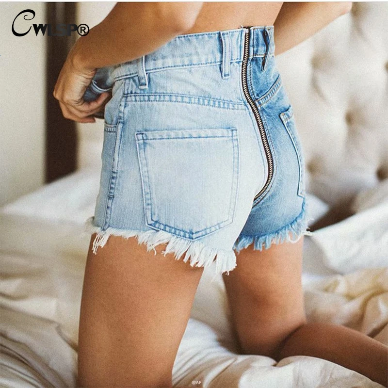 Cwlsp Patchwork Tassel Summer Women Skinny Shorts Jeans With Zipper