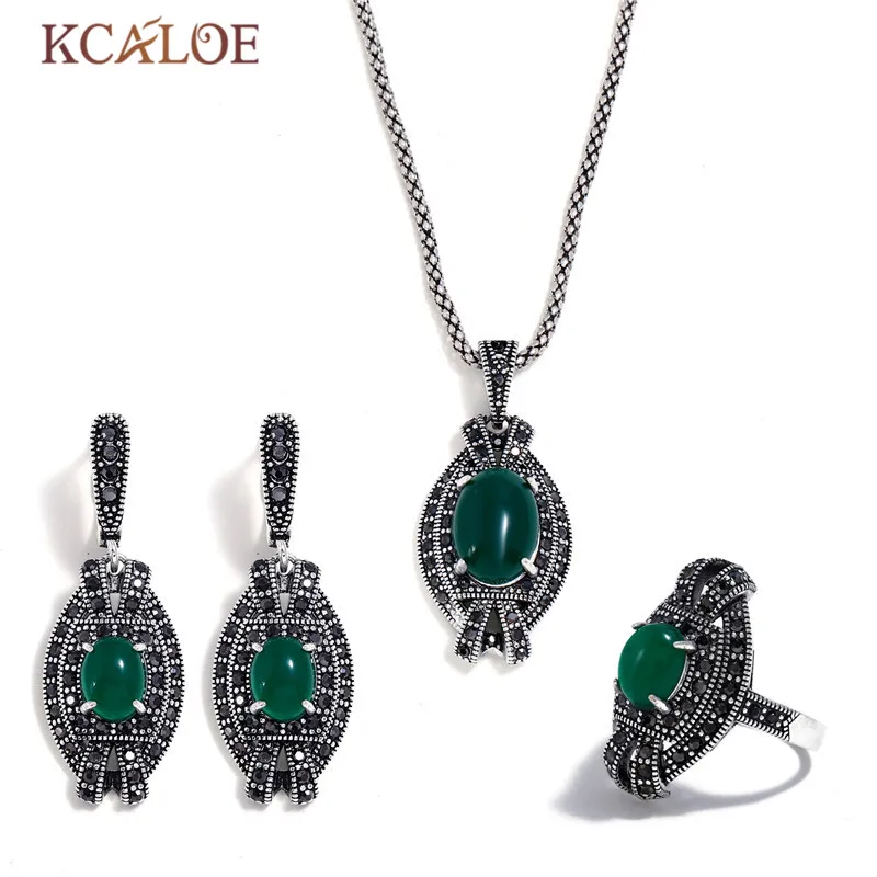 

KCALOE Ancient Silver Color Crystal Rhinestone Necklaces Rings And Earrings Women Jewelry Set Oval Green Jewellery Sets Party