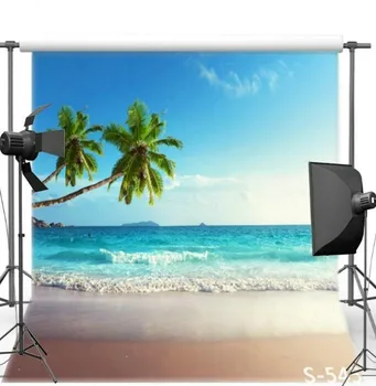 

Blue Sky White Clouds Ocean Sea Beach Palm Tree Backgrounds Vinyl cloth High quality Computer print wall Scenery backdrops