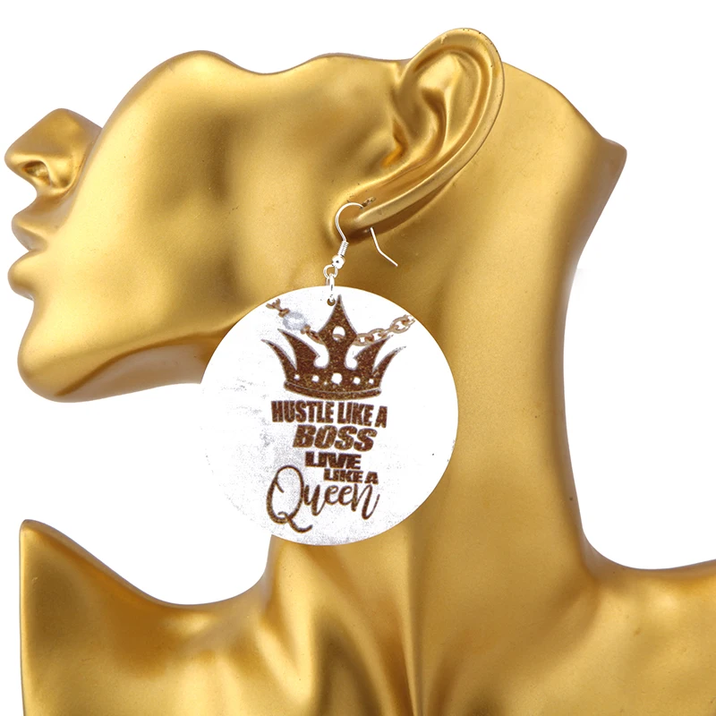 

SANSHOOR Printed Crown Wood Drop Earrings Hustle Like A Boss Live Like A Queen Blacks Power Jewelry For Christmas Gifts 1Pair