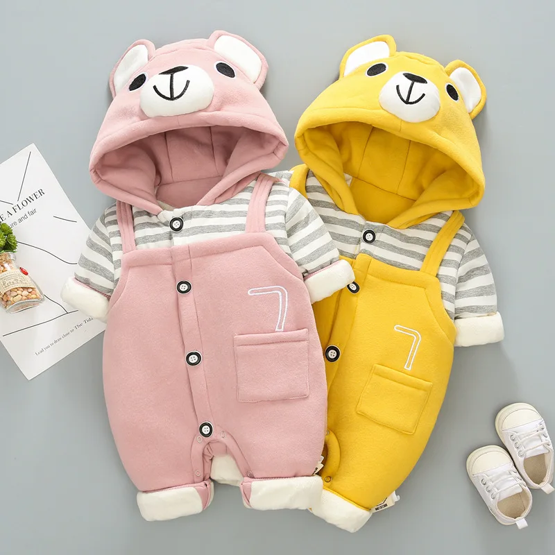 

HYLKIDHUOSE 2018 Infant Newborn Rompers Winter Baby Girl Boy Jumpsuits Warm Plush Thicken Kids Stripe Children Costume Onesies