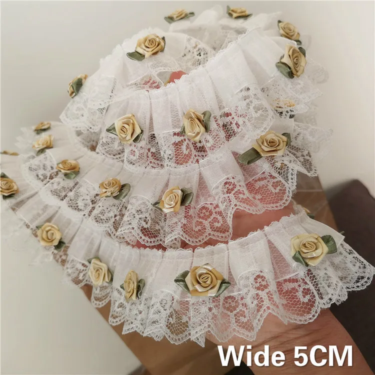 5CM Wide Exquisite Tulle Flowers Pleated Chiffon Lace High Quality Ruffle Trim Folded Sewing DIY Curtains Garment Dress Collar