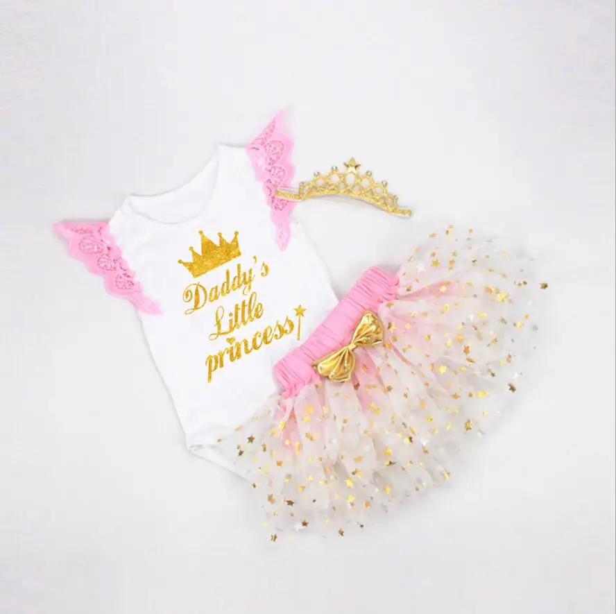 

3PCs per Set Baby Girls 1st Birthday Angel Wing Romper Bling Stars Dress Daddy's Little Princesses Jumpersuit Crown Headband