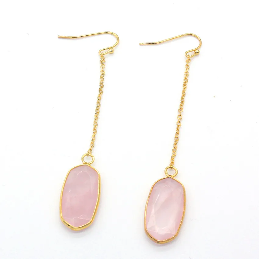 

FYJS Unique Light Yellow Gold Color Oval Shape Section with Long Chain Natural Rose Pink Quartz Earrings For Female Jewelry