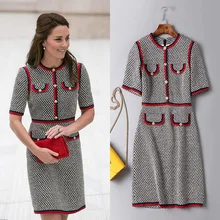 Princesa kate xadrez vestido em torno do pescoço manga curta vestido fino elegante feminino thread grosso houndstooth joelho-comprimento senhora do escritório