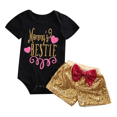 

2017 New Cute 2Pcs Infant Baby Girl Cotton Tops Bodysuit Sequin Pants Summer Outfits Set Clothes
