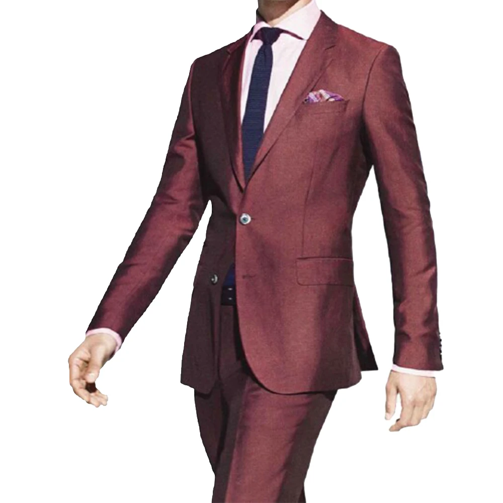Индивидуальный заказ темно-красный Бизнес мужской костюм, заказ Бордовый 2 кнопки Нотч свадьбы смокинг
