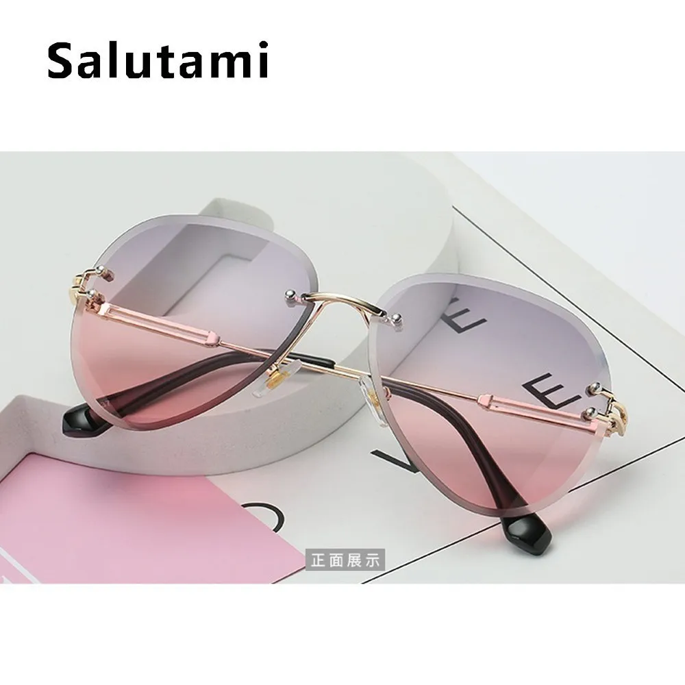Овальные Солнцезащитные очки без оправы для женщин, оправа из прозрачного сплава, солнцезащитные очки, роскошный бренд, винтажные серые, розовые оттенки, для девушек, без оправы - Цвет линз: 76gray pink