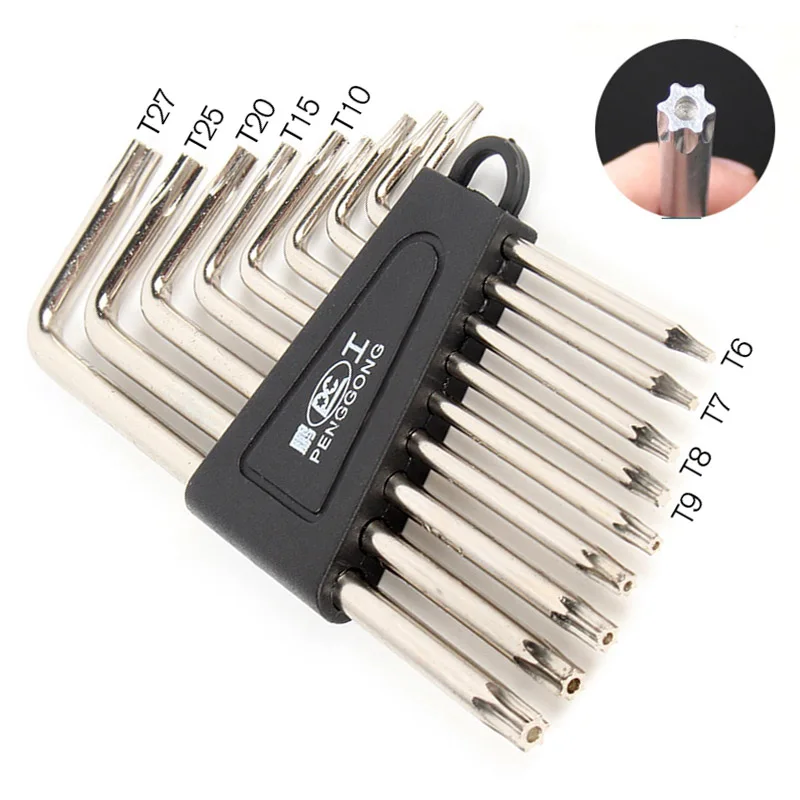 

9 Pcs /Set Torx L Shape Hex Wrench Screwdriver Repair Tools Multifunctional Plum Screwdriver Tool T6-T27 CRV Standrad 90 Angle