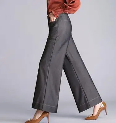 Primavera De Bolsillos Verano Moda Mujeres Negro Pantalones Cintura Otoño Negro Ancha Nueva azul Pierna Yyf0806 Jeans Capris Alta Causales Azul Tencel qdppPT