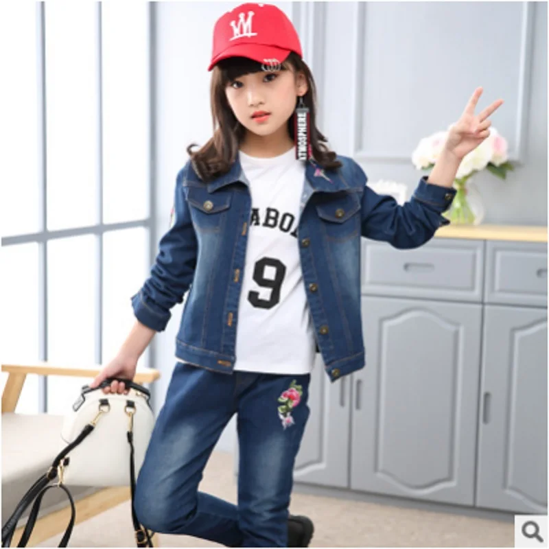 

Girls Denim Jacket Jeans Clothing Set 2019 New Spring/Autumn Kids Clothes Sets Children's Turn-Down Collars Suits Size4-14 ly160
