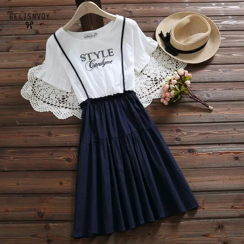 

2019 New Preppy Style Summer Women Cute Dress Letter Patchwork Short Sleeve Femininos Vestidos Cotton Linen Casual Loose Dress