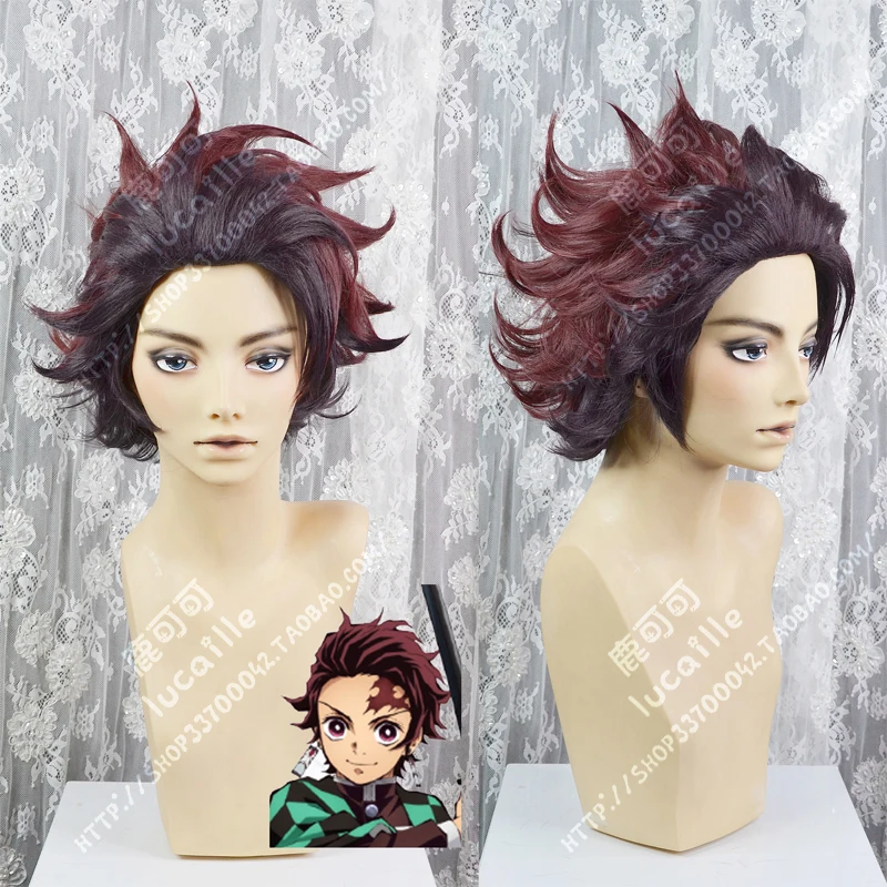 

Anime Demon Slayer: Kimetsu no Yaiba Tanjirou Kamado Short Brown Red Wig Heat Resistant Hair Cosplay Costume Wigs + Wig Cap