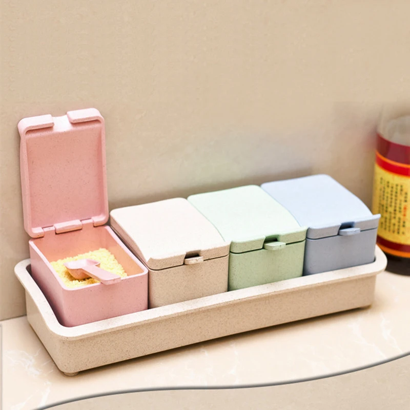 4pcs/Set Wheat Straw Plastic Spice Jar With Rack Colorful Seasoning Box Storage Container Condiment Jar Kitchen Accessories