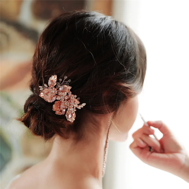 

Delicate Rose Gold Hair Comb Wedding Headpiece Crystal Beaded Hair Accessories Bridal Hair Clip Headdress Pearls Leaves HD62