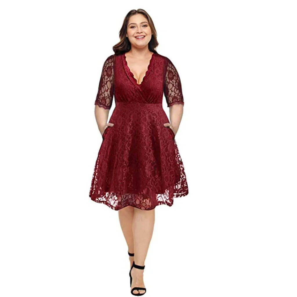 

Women Dress Plus Size Lace V Neck Short Formal Wedding Party Dress With Pocke Women Bohemian A-Line Slim G0509#20