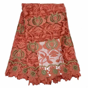 

Quality guaranteed design coral red 5 yards per lot french lace fabric stones shiny tulle lace fabric white and gold lace ZD04