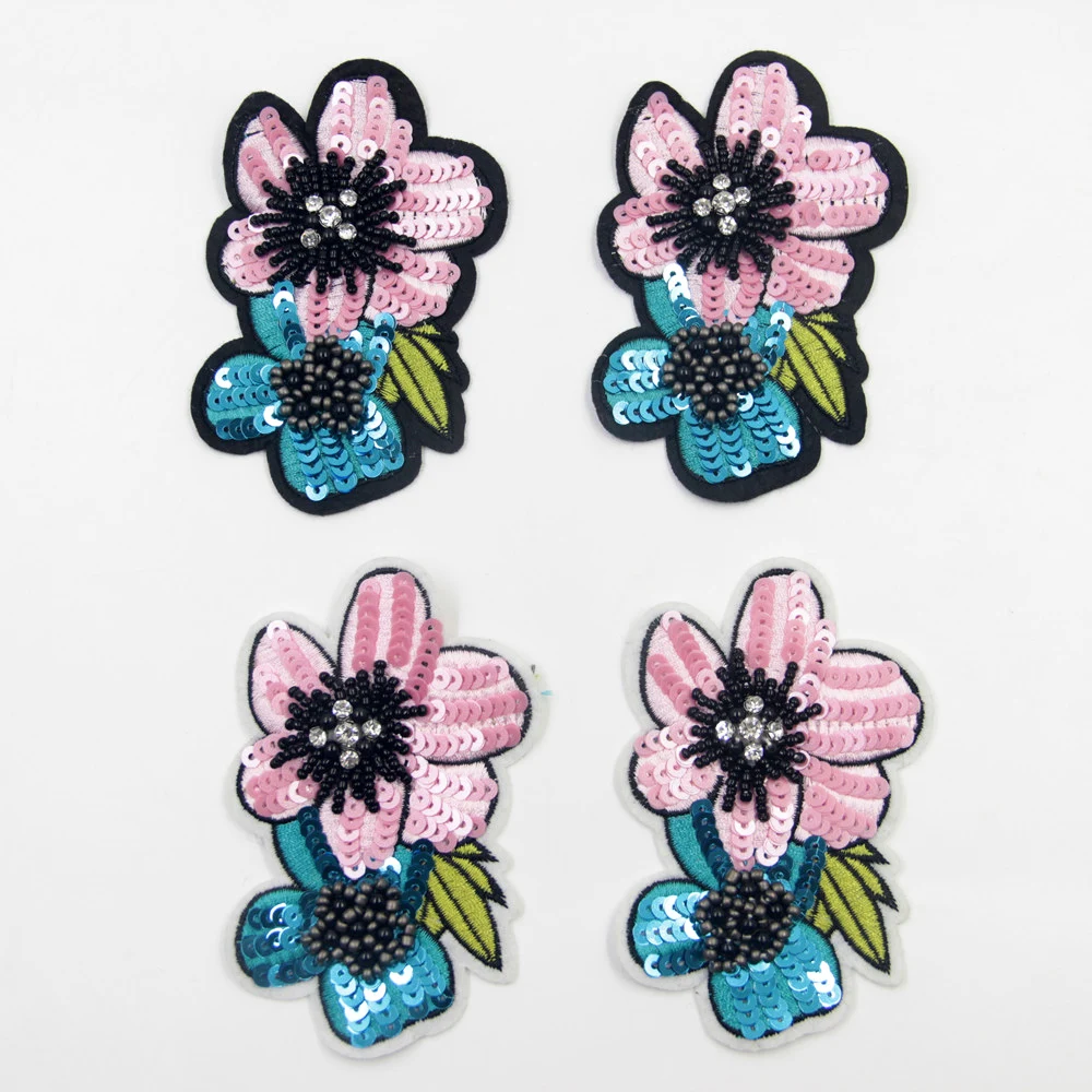2pcs New Beaded Sequin Fashion Pink Blue Flower Patches Sew On Patch