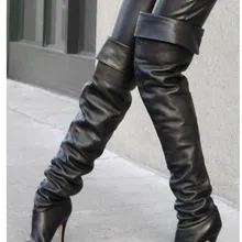 Модные черные сапоги выше колена из искусственной кожи; женская обувь на высоком каблуке-шпильке; женские уличные сапоги до бедра; Botas Mujer