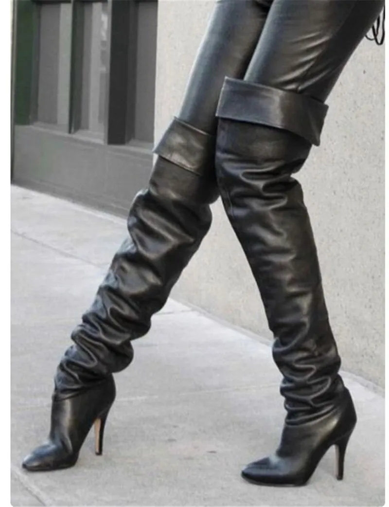 Fashion Black Pu Leather Over The Knee Boots Women High Stilettos Heels Shoes Women Chaps Street