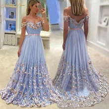 Романтическое Платье с открытыми плечами синие вечерние платья длинное вечернее платье с кружевной аппликацией платья Для женщин торжественное платье с бабочками; robe de soiree