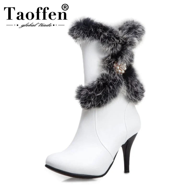

TAOFFEN Plus Size 34-50 Winter Warm Mid Calf Boots Thin Heels Beads Zipper Fashion Boots Pointed Toe Office Ladies Shoes Botas