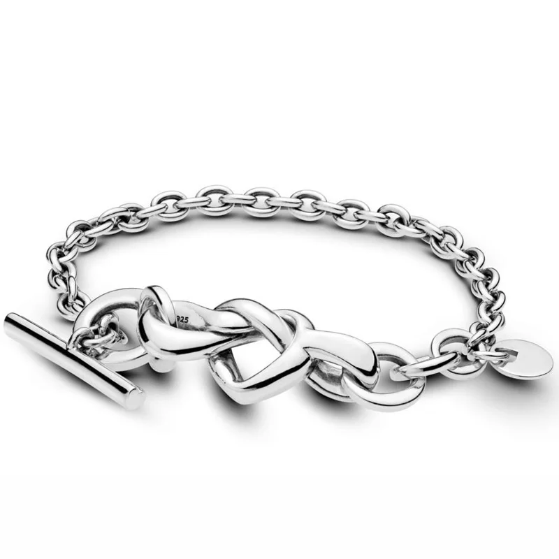 

New 925 Sterling Silver Bracelet Knotted Heart Heart-embellished T-clasp Link Bracelet Bangle Fit Bead Charm Europe Jewelry