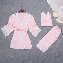 Новые розовые женские 3 шт. ремень Топ и штаны костюм ночной халат пижамы комплекты Повседневное пижамы сексуальные домашнего ночная
