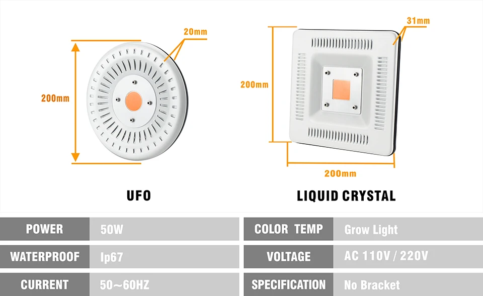 Нано светодиодный, полный спектр, 50 Вт, лампа для выращивания, AC110-220V, НЛО, жидкокристаллический фито-светильник, IP67, водонепроницаемый, для цветов, семена гидропоники, завод