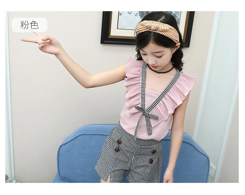 Casual Teen Girls Clothes 2019 New Summer Children Clothing Set Ruffles Tops Plaid Shorts 2Pcs Kids Suit For Girls Outfits 3-14Y (9)