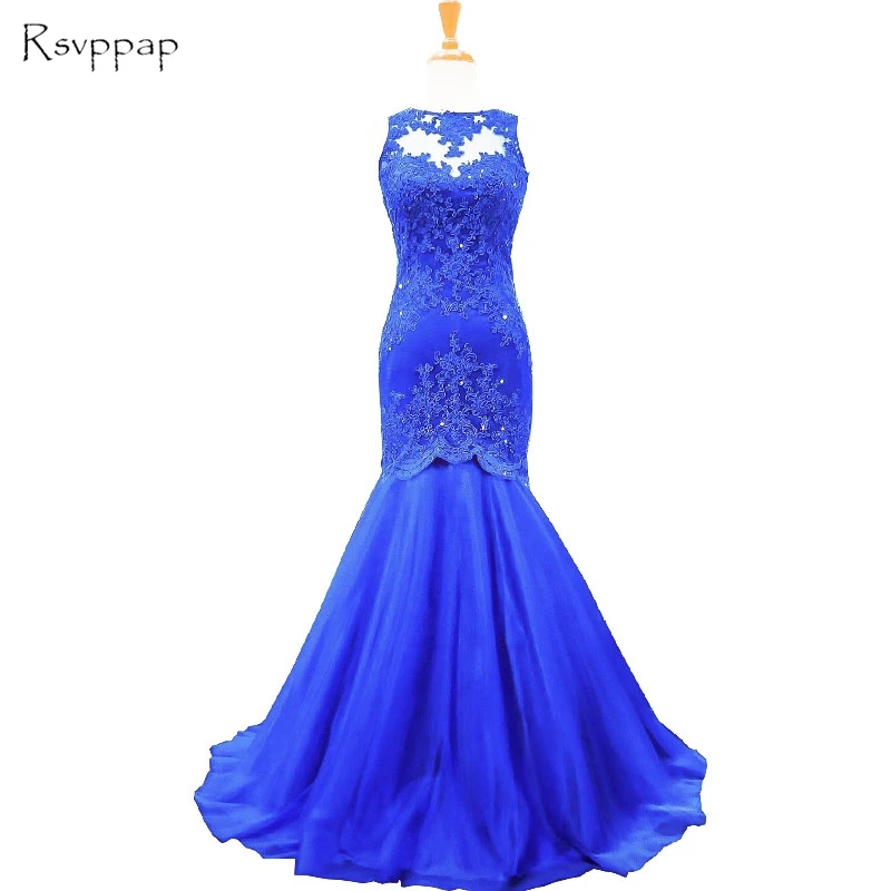 Long Evening Dress 2017 New Arrival Mermaid Scoop Lace Backless Royal Blue Floor Length Women Formal