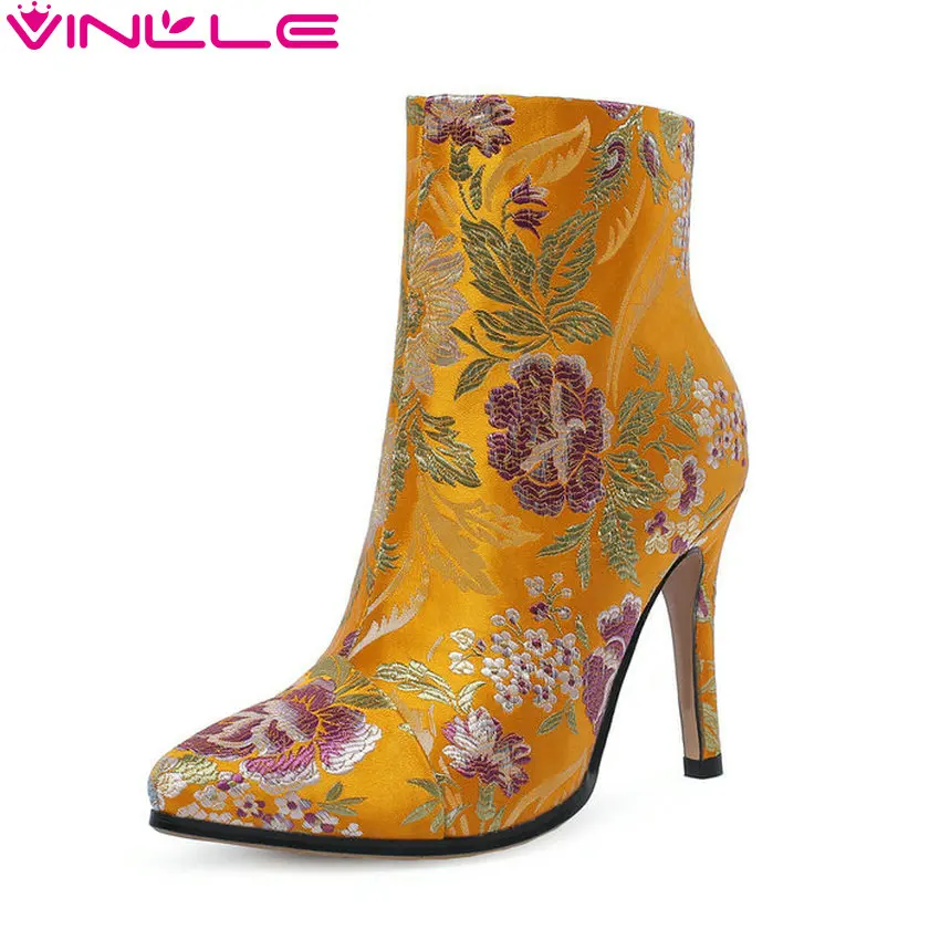 

VINLLE 2019 Women Mid Calf Boots Thin High Heel Ashion All Match Zipper Pointed Toe Winter Boots Women Shoes Size 34-43