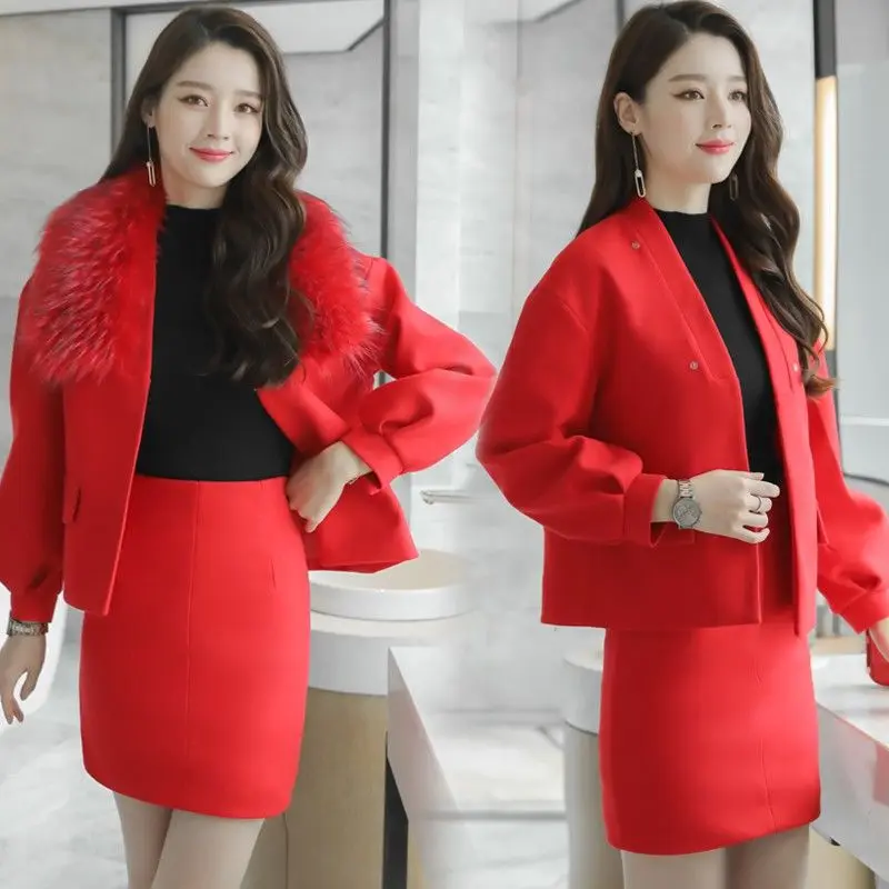 

2019 Women two pieces suit 2 pieces suit V-neck coat and mini skirt solid spring summer and autumn