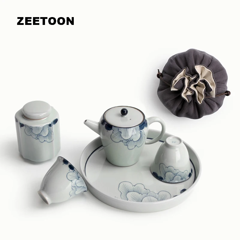 

Japanese Blue and White Hibiscus Portable Travel Tea Set Porcelain Vintage Tea Set 1 Teapot 2 Teacup 1 Tea Cans 1 Tea Tray 1 Bag