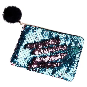 

Fashion Sequin Women Glitter Cosmetic Bag Fur Ball Pencil Box Makeup Case Organizer