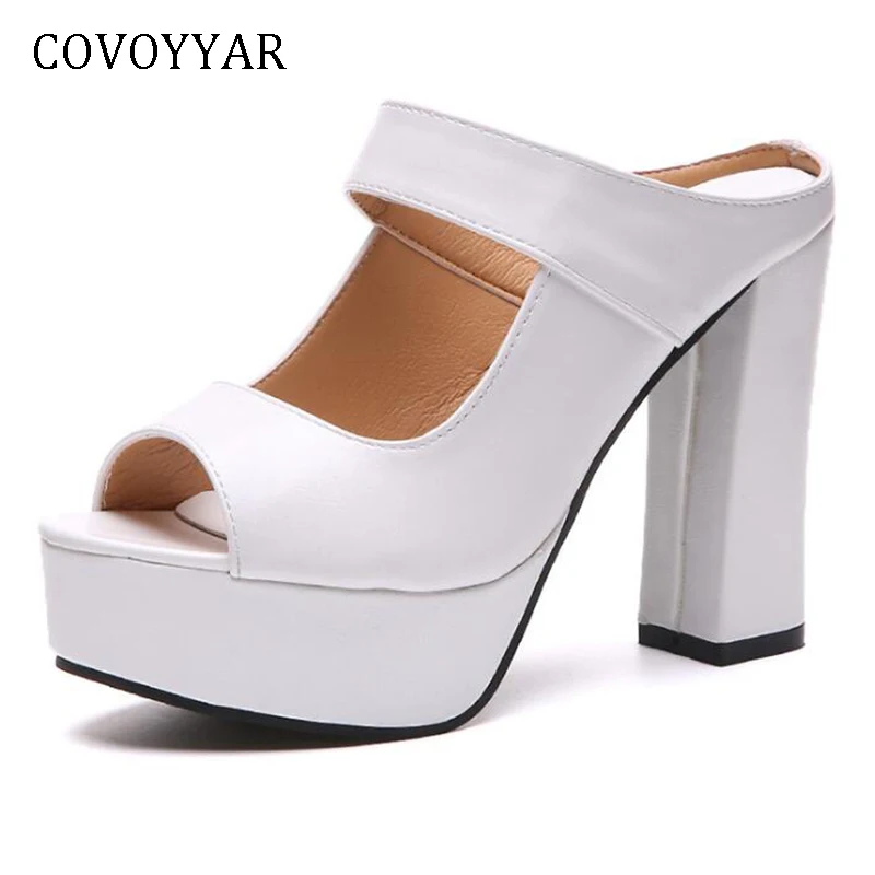 

COVOYYAR 2019 Peep Toe Women Slippers Mules Summer Slingback Platform Lady Sandals Thick High Heels Black/White Shoes WHH673