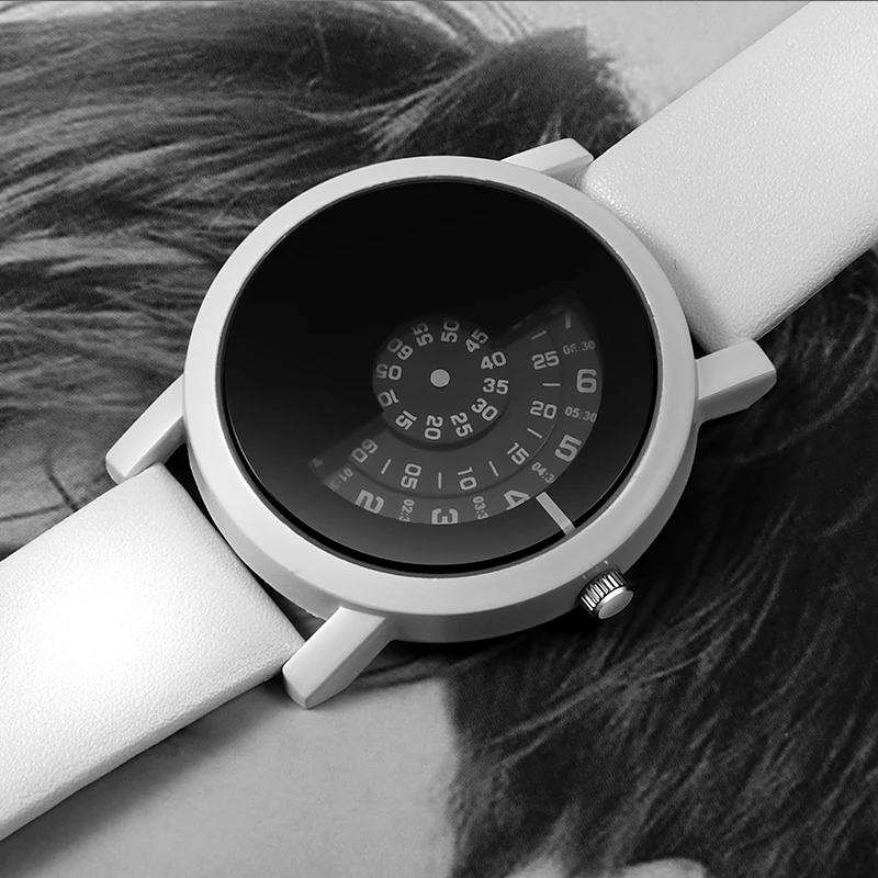 Уникальные женские часы Стильные с кожаным ремешком Современные Кварцевые часы поворотный стол для женщин и мужчин специальный дизайн модные наручные часы Relogio