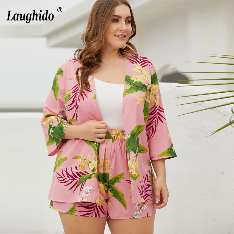 

Laughido Plus Size Women's Set Floral Printed Suits Open Cardigan Casual Tops And High Waist Shorts 2 Piece Sets Boho Beach Sets