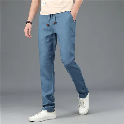 Весна, льняные брюки для мужчин, повседневные, свободные, дышащие, средняя талия, тонкие, летние брюки для мужчин размера плюс M-4XL, мужские брюки, pantalon homme - Цвет: Light Blue