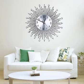 

Vintage Metal Crystal Sunburst Wall Clock Luxury Diamond Large Morden European Mute Wall Clock Da Parete Clock Design Home Decor