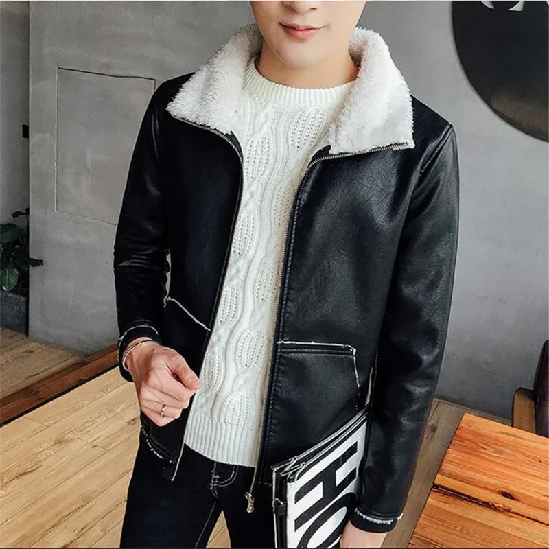 A2853 Col Hommes Vestes D'hiver vent Manteaux gray Fourrure Agneau Black Outwear De Cuir Veste En Coupe Épaississement Et Chaud VqSpMUzG