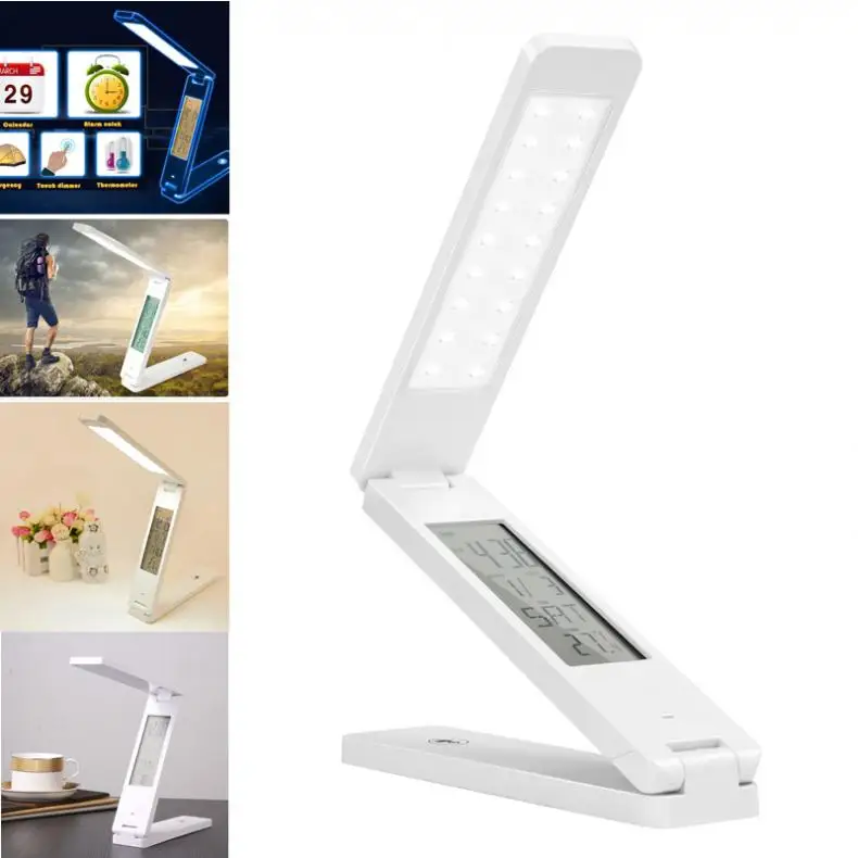 

New Dimmable LED Desk Lamps Foldable Rechargable Reading Table Lamp Light Touch Control Calendar Alarm Clock Temperature Lamp