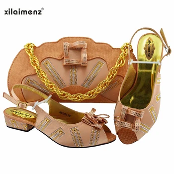 

High Quality Nigerian Ladies Shoe and Bag to Match in Peach Color Low Heels 2019 New Design Sandals for Christmas Party
