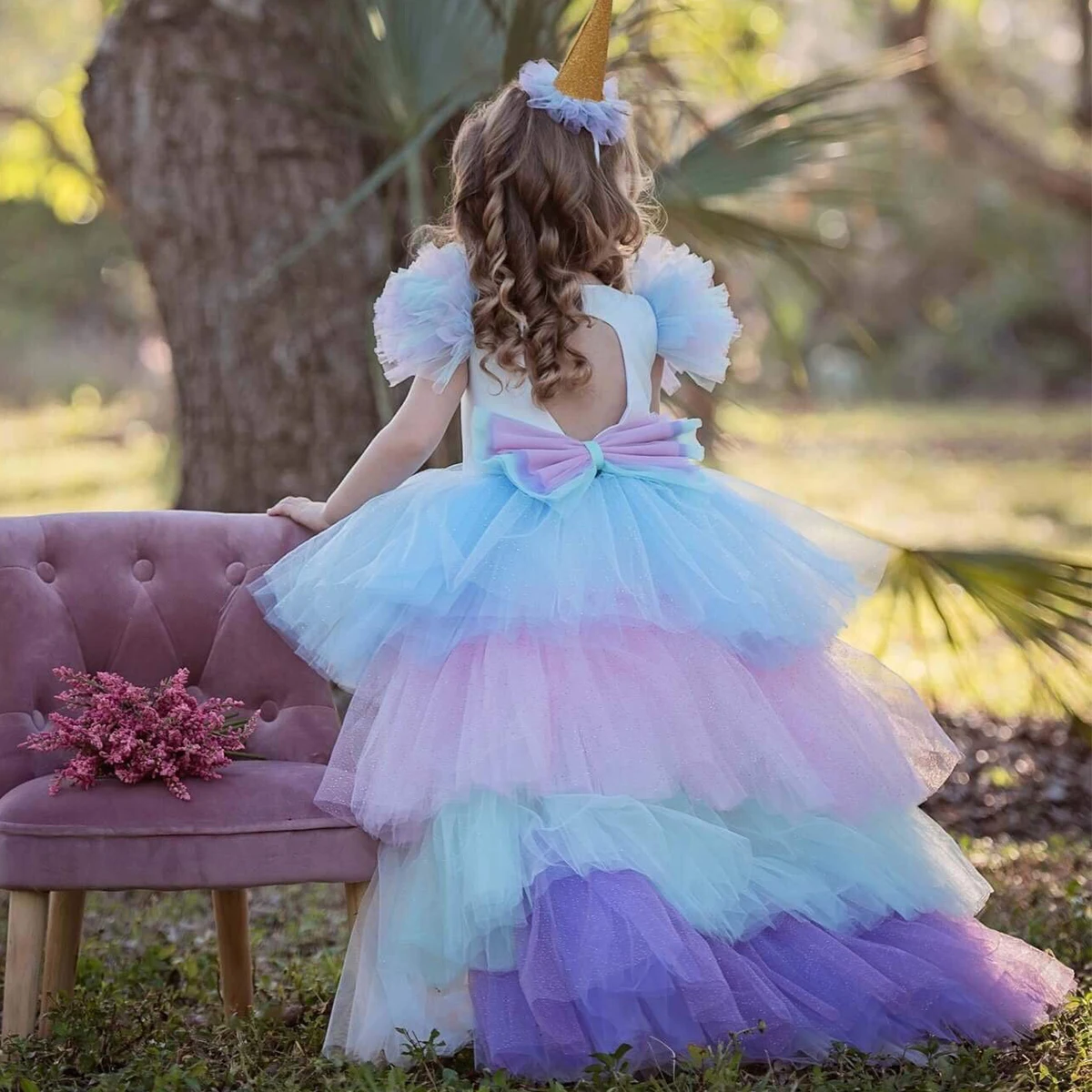 Платье с единорогом; праздничное платье принцессы с юбкой-пачкой; длинные радужные Многослойные летние платья для маленьких девочек; детская одежда; детское бальное платье