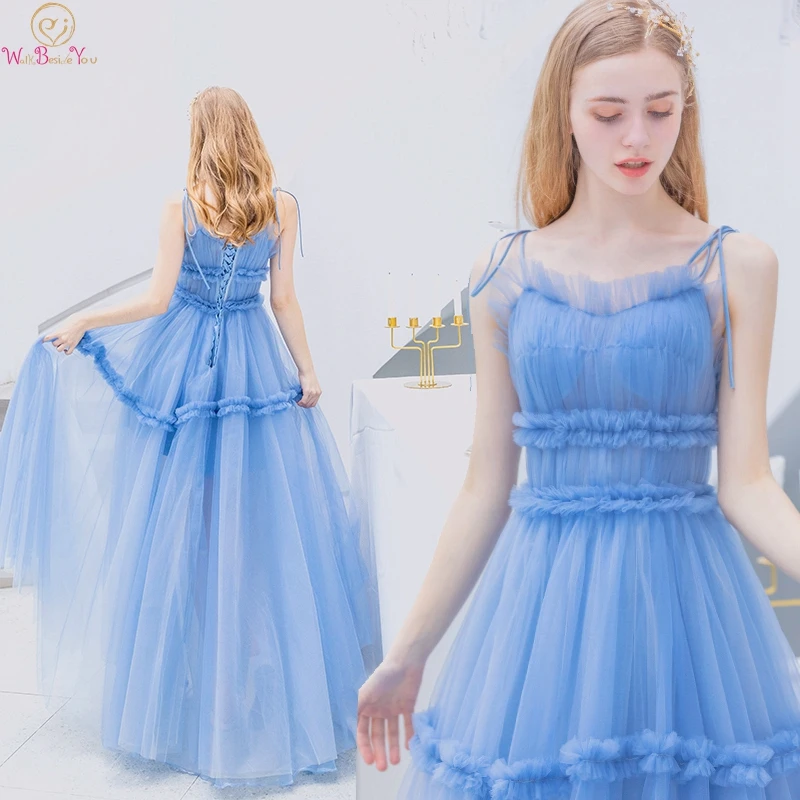 

Light Blue Prom Dresses 2019 New Sweetheart Neck Spaghetti Straps Elegant Lace Up Illusion Formal Evening Party Graduation Gowns