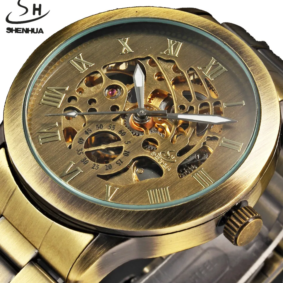 

SHENHUA Watches Men Vintage Bronze Automatic Mechanical Watch Skeleton Men Business Clocks Top Luxury Brand Relogio Masculino